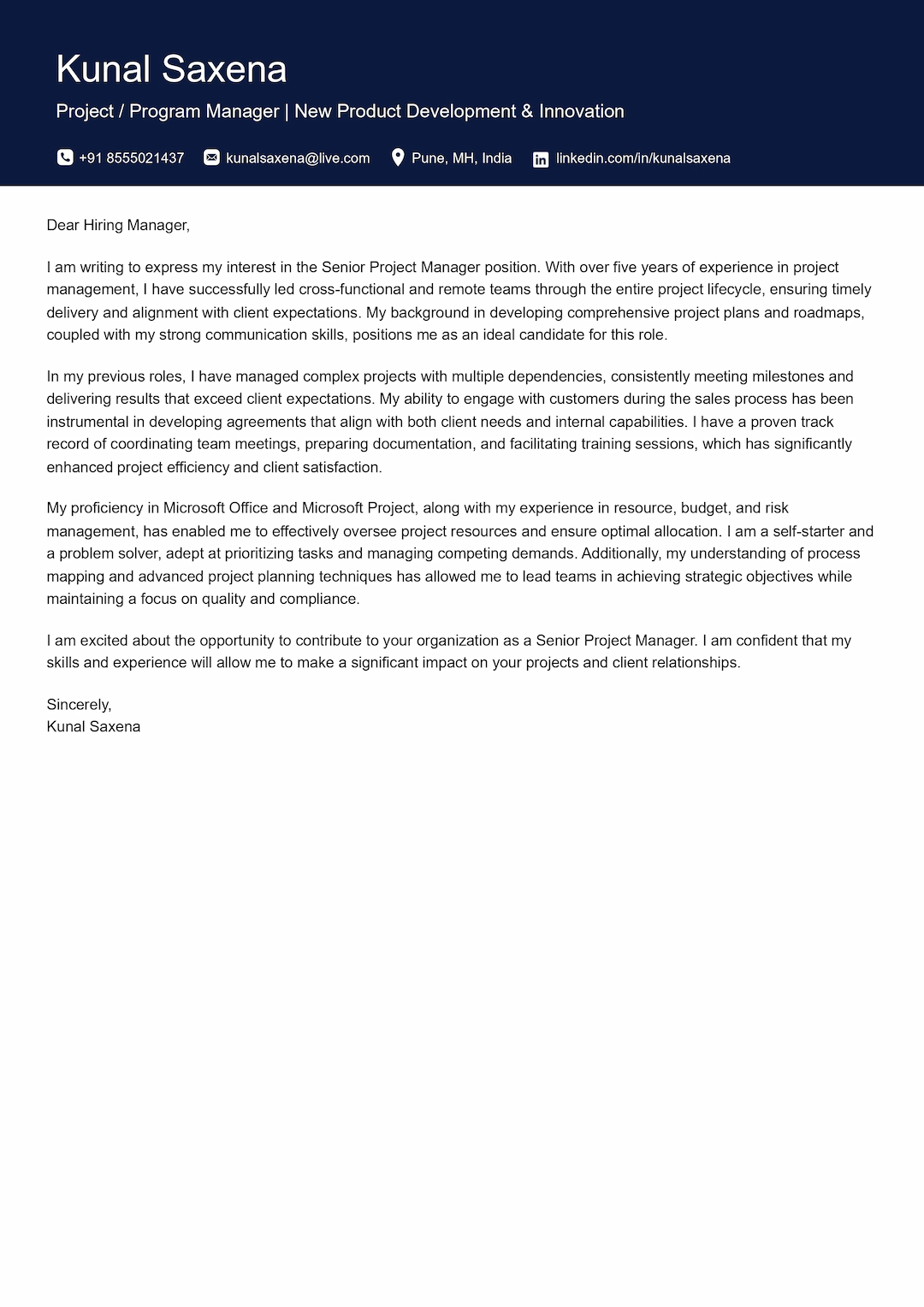 Professional cover letter example for job applications