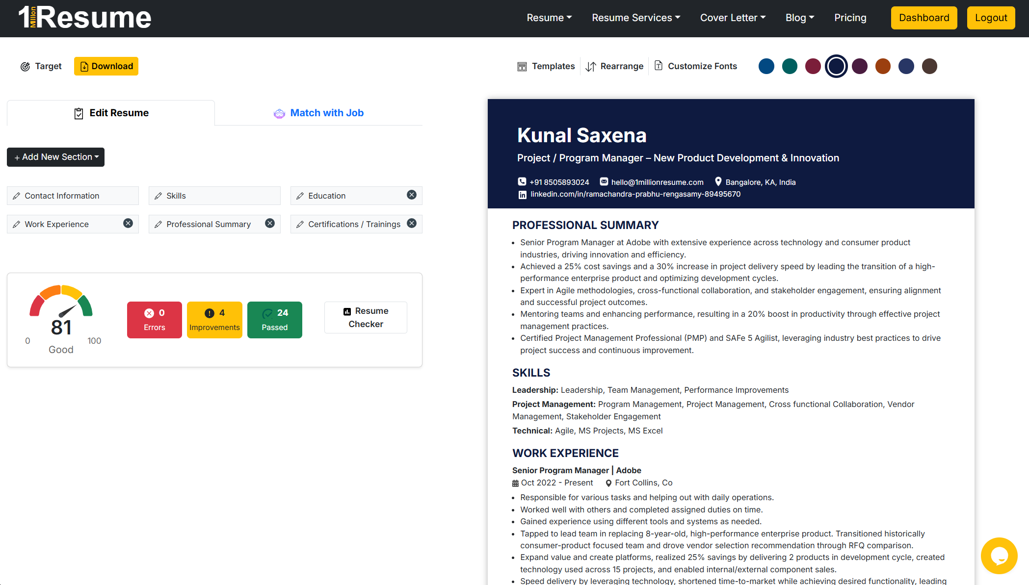 free ai resume builder editor showing resume templates and resume checker