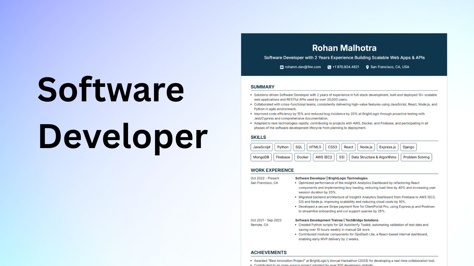 software developer resume example from 1millionresume