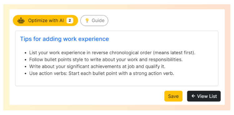 ai resume builder generating suggestion for work experience in resume