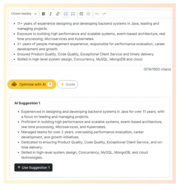 ai resume builder generating suggestion for work experience in resume