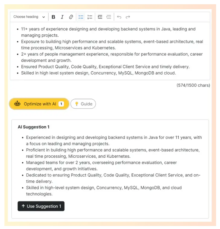 ai resume builder generating suggestion for work experience in resume